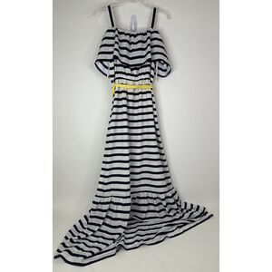 Eliza J Dress Women's 2 Striped Maxi Belt Cold Shoulder Drop Waist‎ Navy White